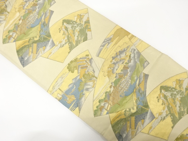 アンティーク　地紙に東海道五十三次模様織り出し袋帯（材料）